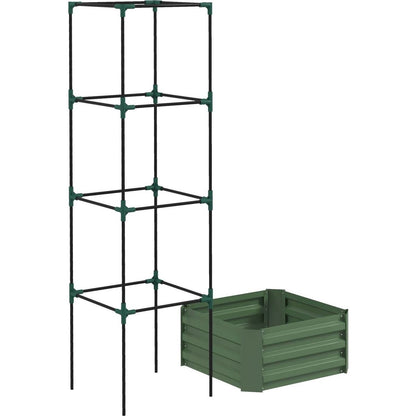 Galvanized Raised Garden Bed, 24" x 24" x 11.75" Outdoor Planter Box with Trellis Tomato Cage and Open Bottom for Climbing Vines, Vegetables, Flowers in Backyard, Garden, Patio, Green