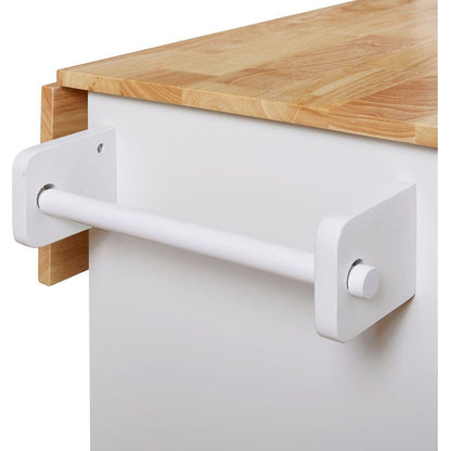 Rolling Kitchen Island with Storage, Kitchen Cart with Rubber Wood Top, Spacious Drawer with Divider and Internal Storage Rack, Kitchen Island on Wheels with Adjustable Shelf Tower Rack, White