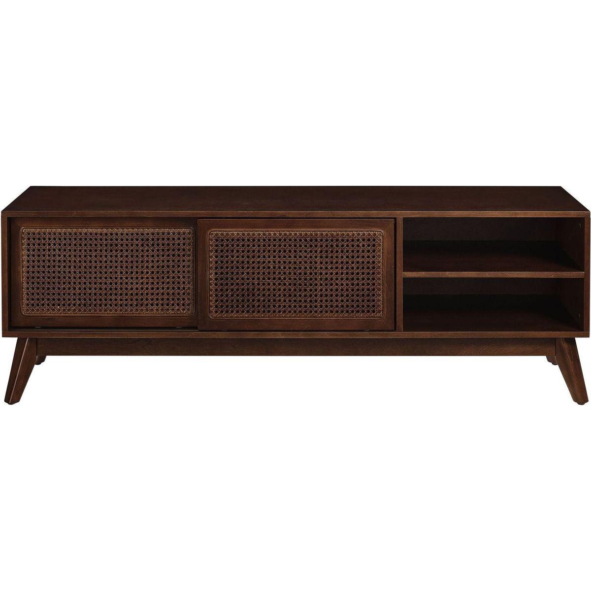 59 Inch Mid Century Modern Rattan TV Stand for 65 Inch TV, Entertainment Cabinet, Media Console for Living Room Bedroom Media Room, Solid Wood Feet & Rattan Cabinet Doors - Dark Wood