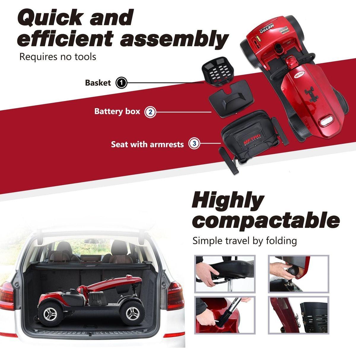 MAX PLUS RED 4 Wheels Outdoor Compact Mobility Scooter with 2pcsx20AH Lead acid Battery, 16 Miles, Cuo Holders & USB charger Port