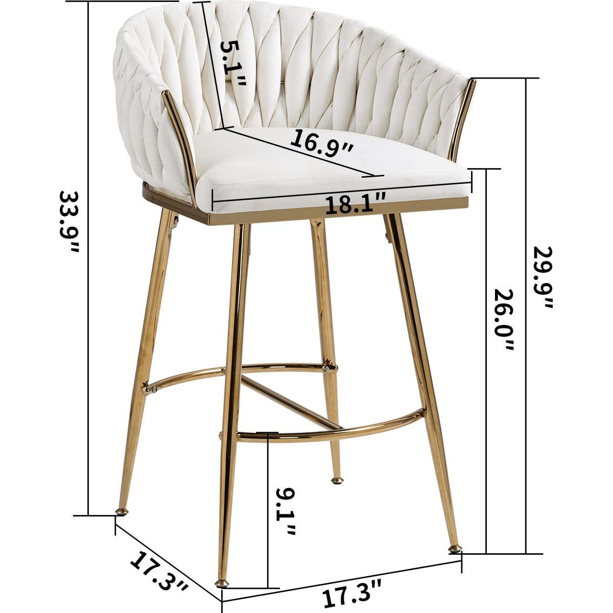 26" Counter height bar stools velvet kitchen island counter bar stool with hand- wave back,golden chromed base and footrest (BEIGE)
