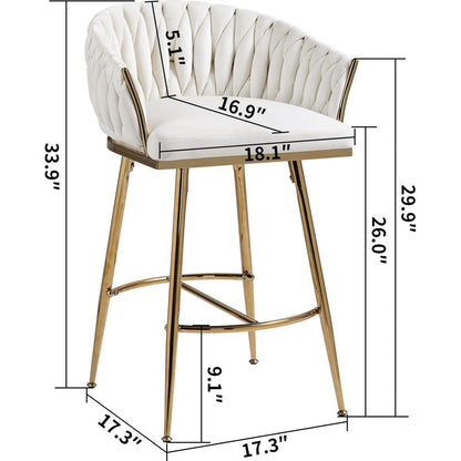 26" Counter height bar stools velvet kitchen island counter bar stool with hand- wave back,golden chromed base and footrest (BEIGE)