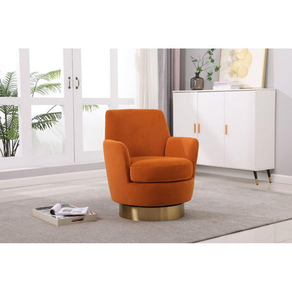 Velvet Swivel Barrel Chair, Swivel Accent Chairs Armchair for Living Room, Reading Chairs for Bedroom Comfy, Round Barrel Chairs with Gold Stainless Steel Base (Orange)
