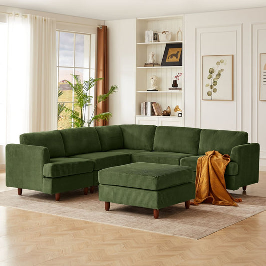 Modern Modular Sectional couch,6 Seaters Sleeper Sofa Upholstered Corduroy Free Combination Sofa(Green)
