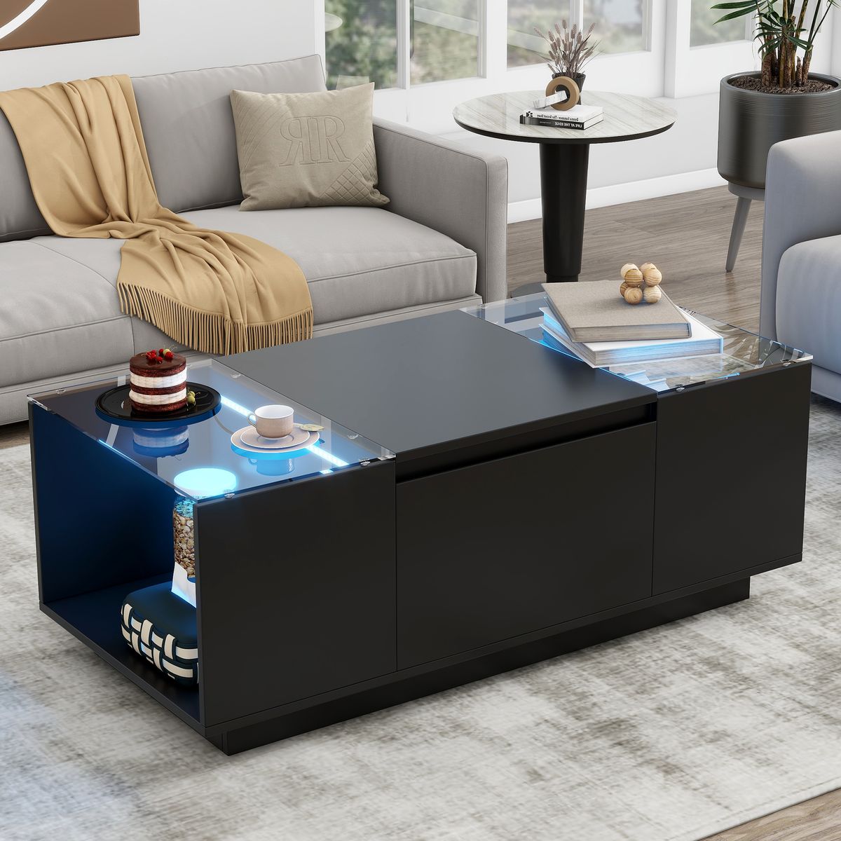 U-Can Led Coffee Table, Modern Center Table with High-Gloss Finish and Glass Tabletop, Coffee Table with Open Storage Compartment and 2 Hidden Drawers  for Living Room