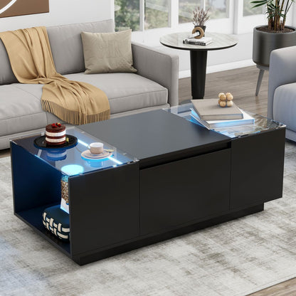 U-Can Led Coffee Table, Modern Center Table with High-Gloss Finish and Glass Tabletop, Coffee Table with Open Storage Compartment and 2 Hidden Drawers  for Living Room
