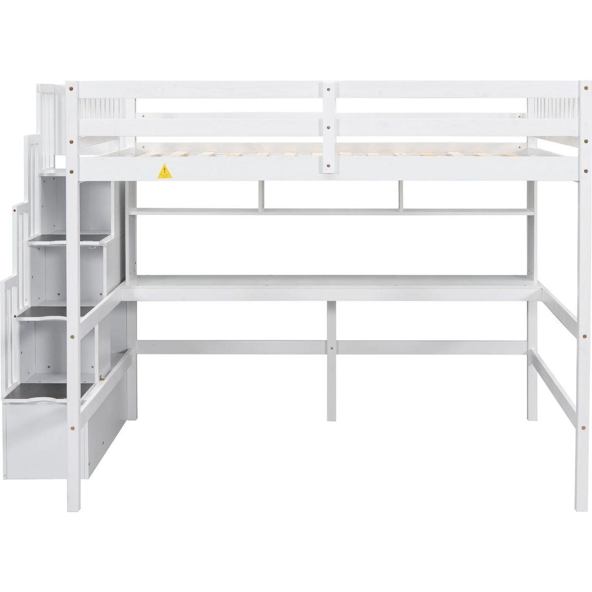 Full Size Loft Bed with Built-in Desk, Bookshelves and Storage Staircase,White