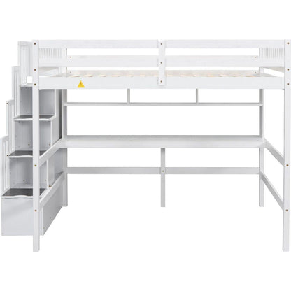 Full Size Loft Bed with Built-in Desk, Bookshelves and Storage Staircase,White