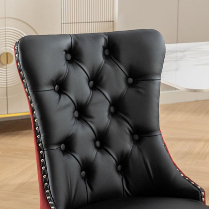 Nikki Collection Modern, High-end Tufted Solid Wood Contemporary PU and Velvet Upholstered Dining Chair with Wood Legs Nailhead Trim 2-Pcs Set, Black+WineRed, Burgundy