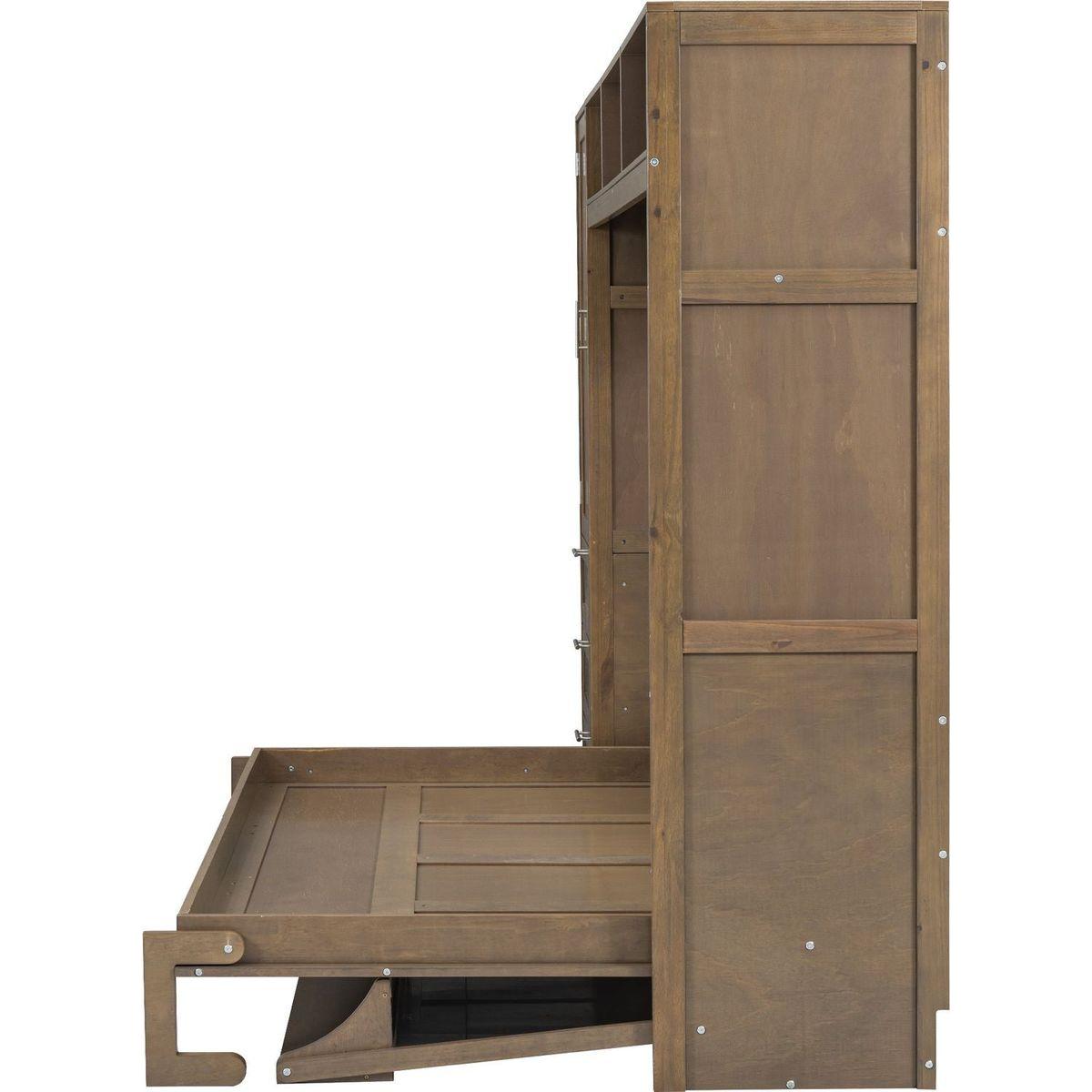 Full Size Murphy Bed with Wardrobe, Drawers and Open Shelves, Antique Grey