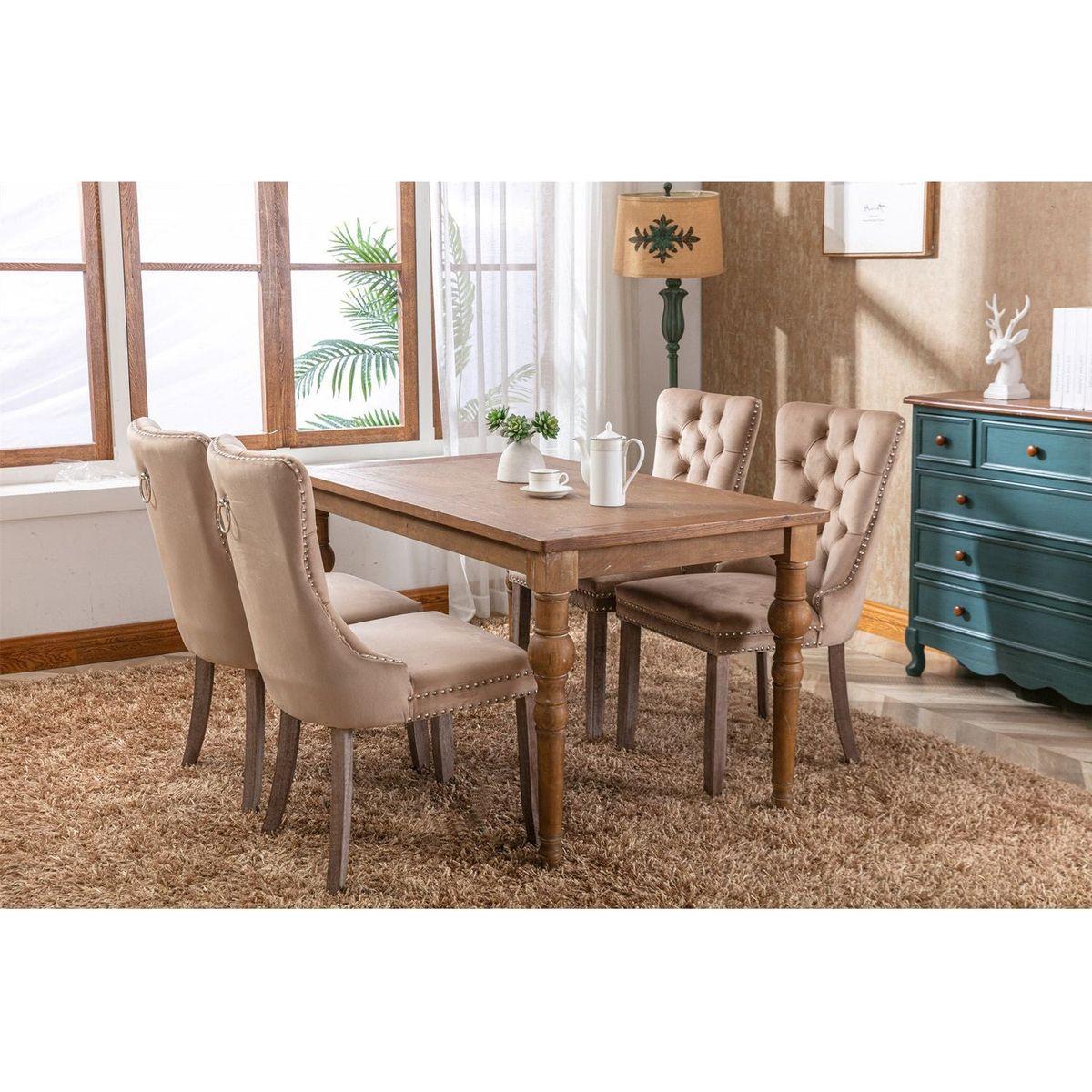 Nikki Collection Modern, High-end Tufted Solid Wood Contemporary Velvet Upholstered Dining Chair with Wood Legs Nailhead Trim 2-Pcs Set, Khaki