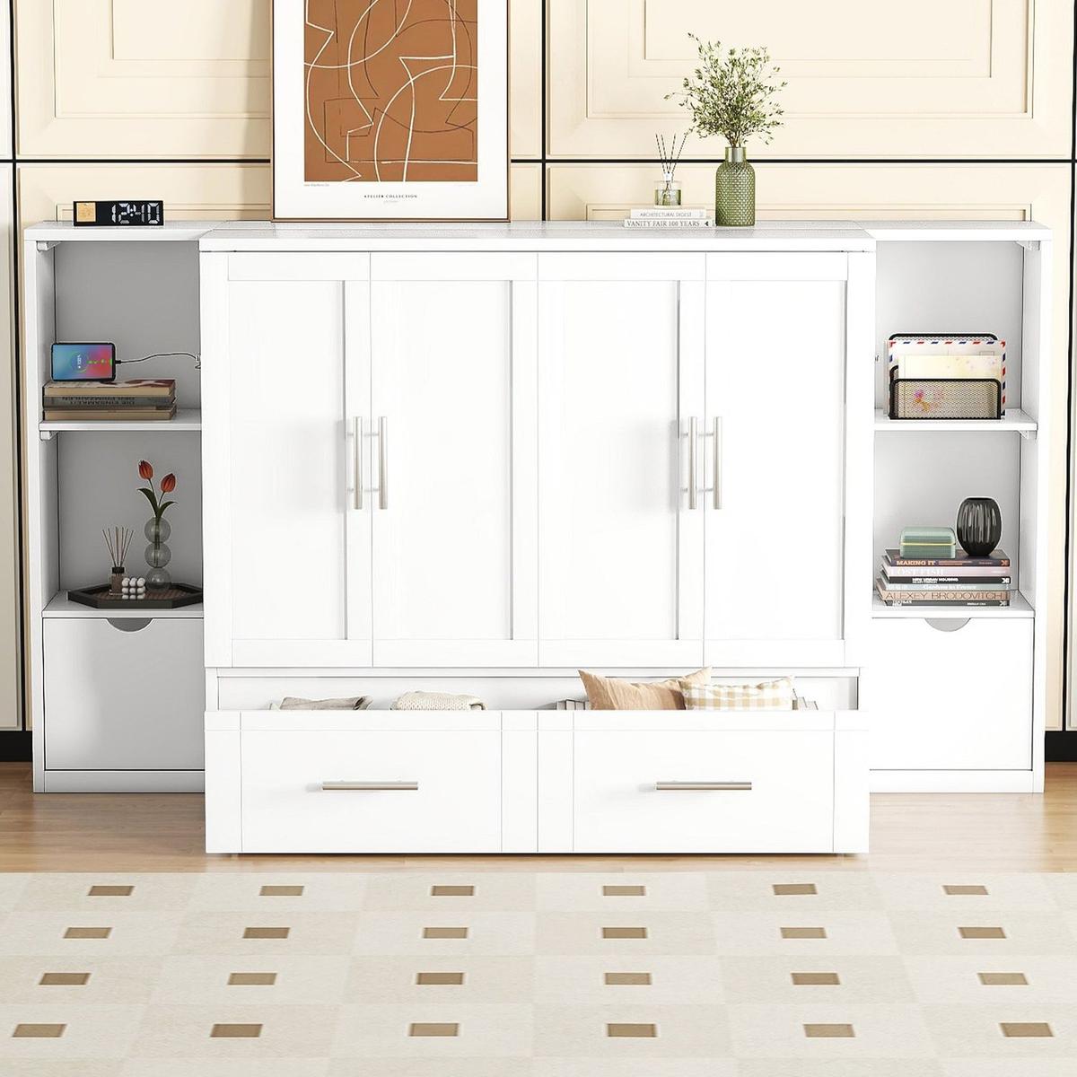 Queen Size Murphy Bed with Shelves, Drawers and USB Ports,White