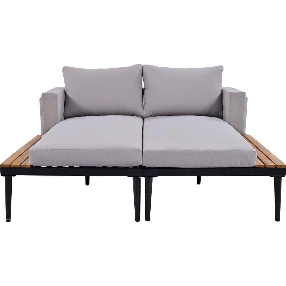Modern Outdoor Daybed Patio Metal Daybed with Wood Topped Side Spaces for Drinks, 2 in 1 Padded Chaise Lounges for Poolside, Balcony, Deck, Gray