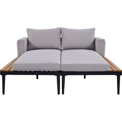Modern Outdoor Daybed Patio Metal Daybed with Wood Topped Side Spaces for Drinks, 2 in 1 Padded Chaise Lounges for Poolside, Balcony, Deck, Gray