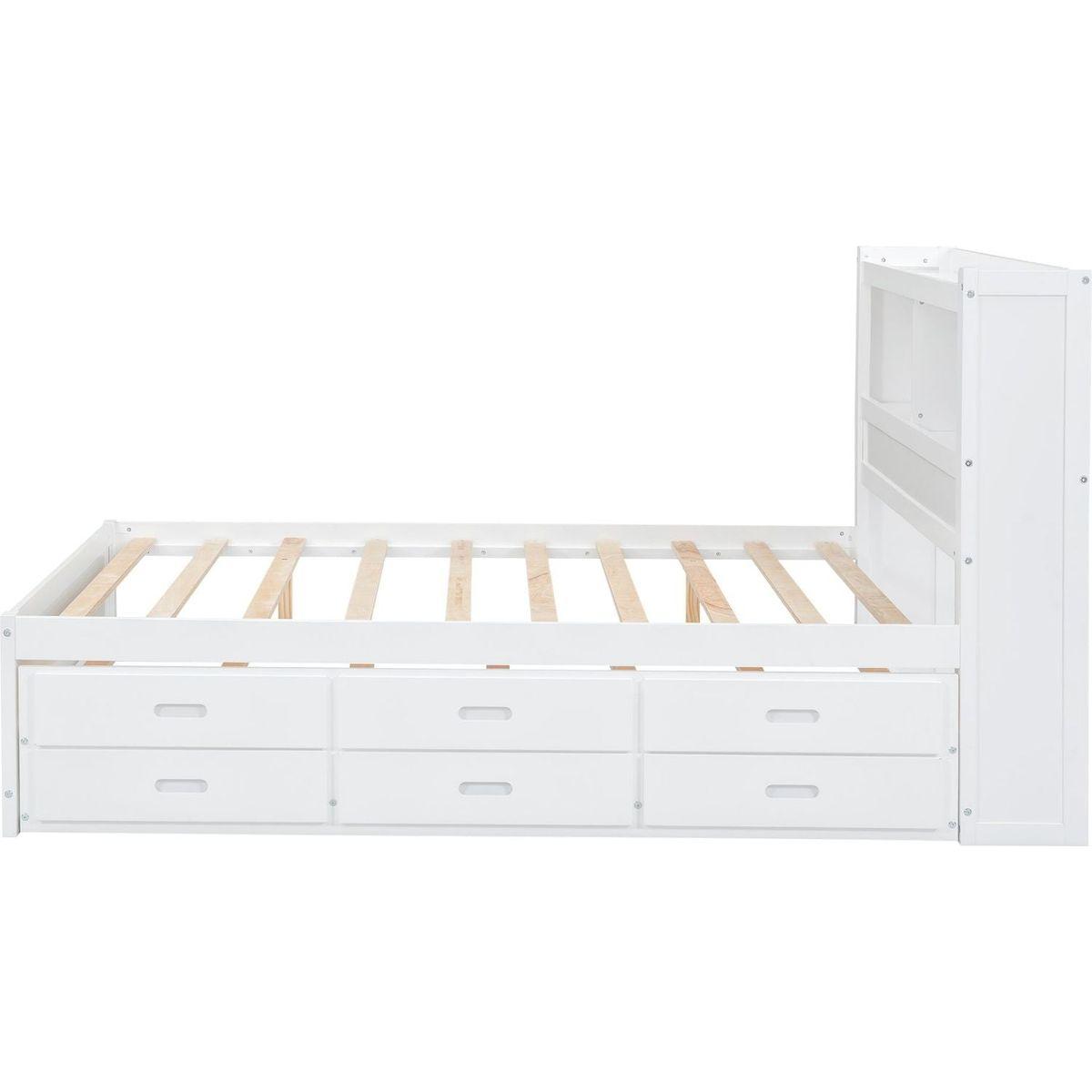 Full Size platform bed with trundle, drawers and USB plugs, White