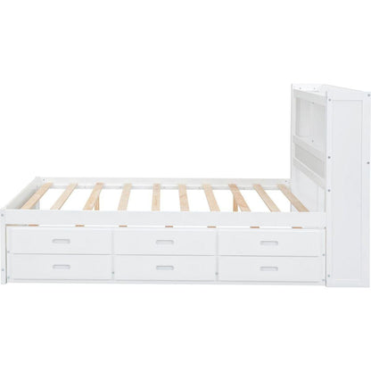 Full Size platform bed with trundle, drawers and USB plugs, White