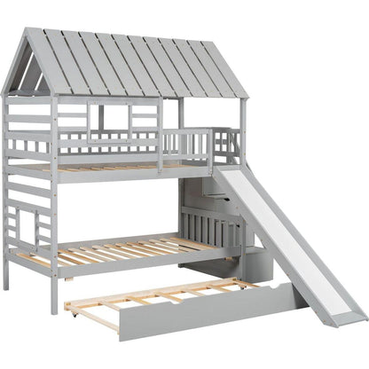 Twin over Twin House Bunk Bed with Trundle and Slide, Storage Staircase, Roof and Window Design, Gray
