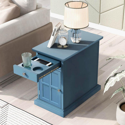 Classic Vintage Livingroom End Table Side Table with USB Ports and One Multifunctional Drawer with cup holders, Antique Navy - Streamdale Furniture