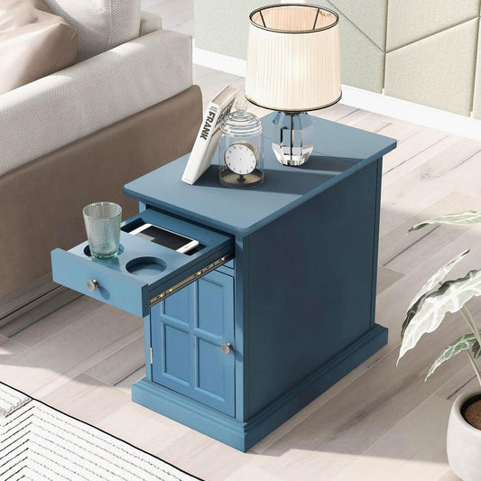 Classic Vintage Livingroom End Table Side Table with USB Ports and One Multifunctional Drawer with cup holders, Antique Navy - Streamdale Furniture