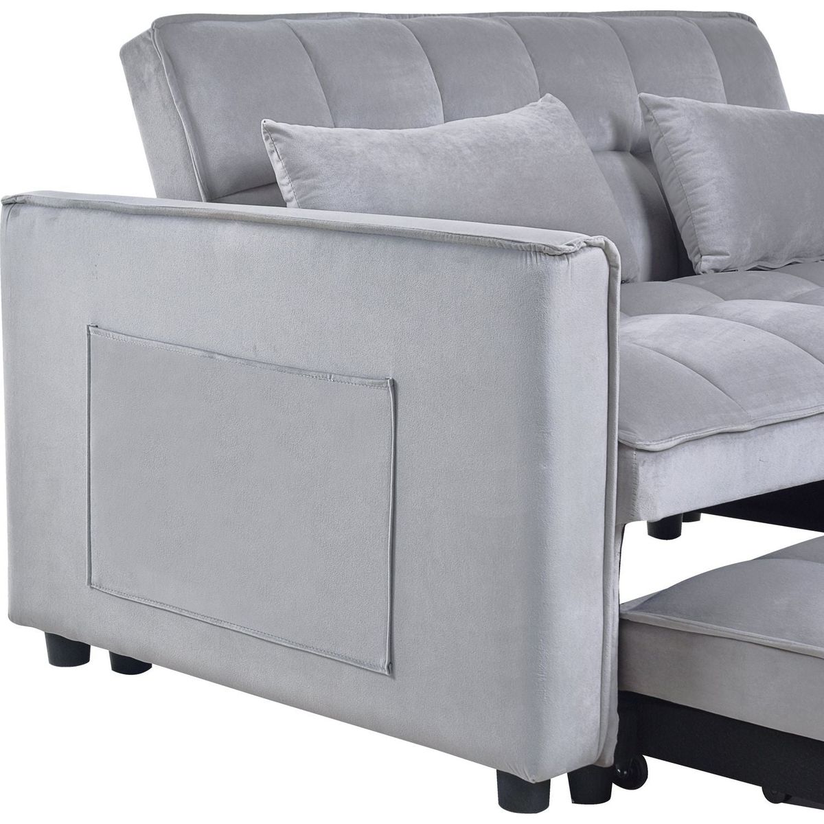 3 in 1 Convertible Sleeper Sofa Bed, Modern Pull Out Couch Bed, Adjustable Backrest, Velvet Loveseat Futon Sofa with Pillows & Pockets for Living Room Apartment, Grey