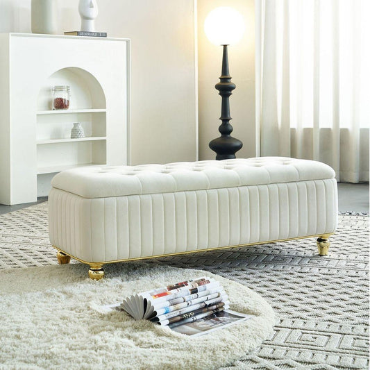 47.24"W Storage Ottoman,Upholstered Velvet Fabric Storage Ottoman with Safety Hinge, gold decoration strip and gold embroidery Footstool, Ottoman Bench for Living Room & Bedroom,Beige Color