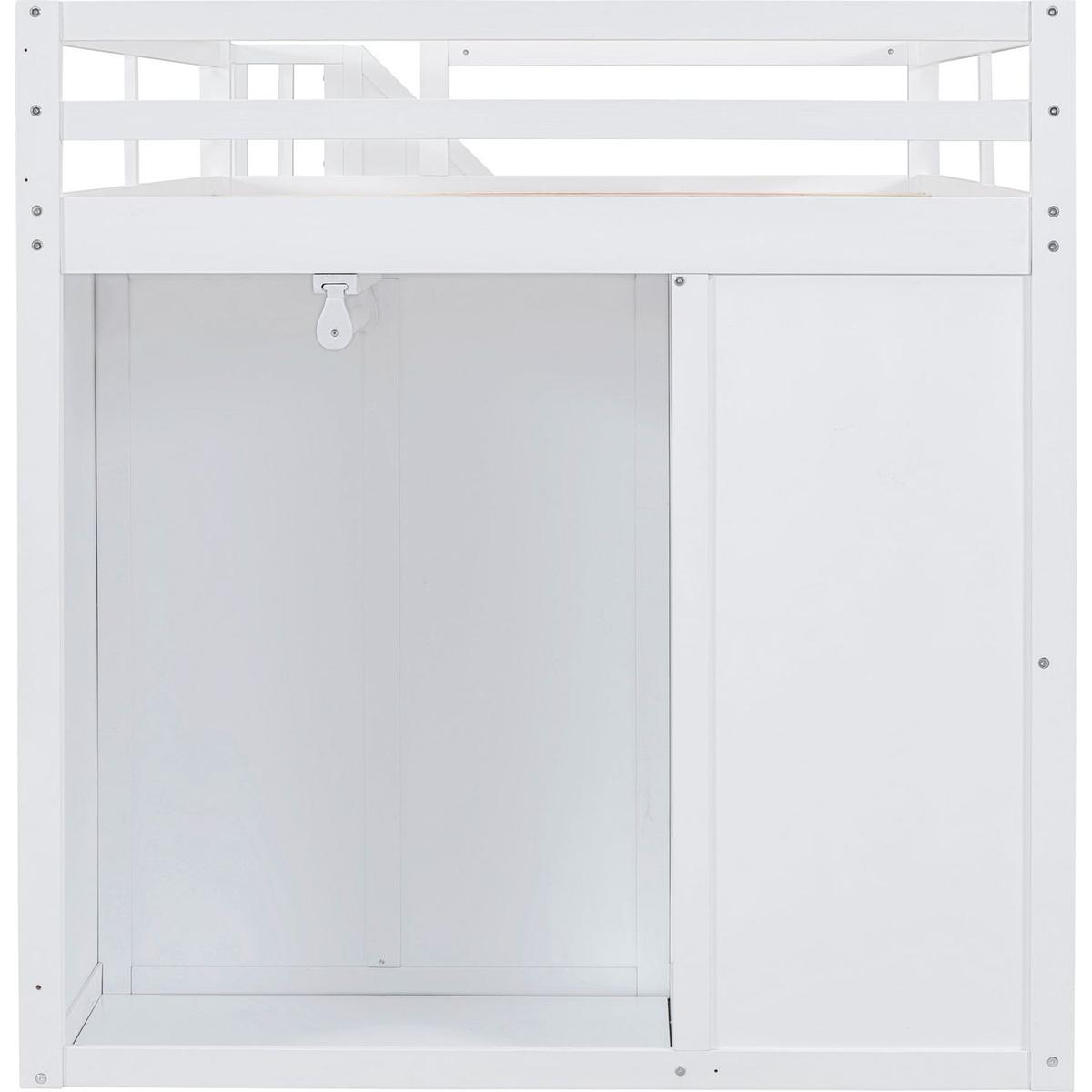 Full Size Wood Loft Bed With Built-in Wardrobes, Cabinets and Drawers, White