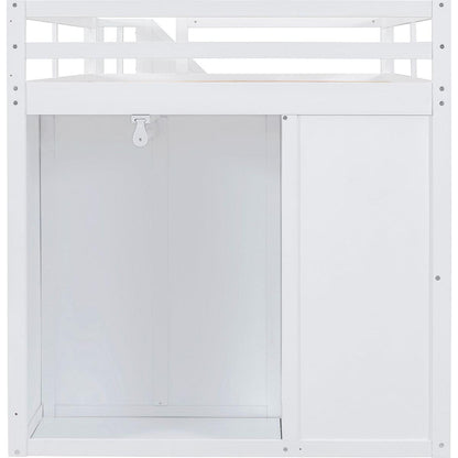 Full Size Wood Loft Bed With Built-in Wardrobes, Cabinets and Drawers, White