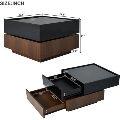 Multi-functional Square 360Rotating Coffee Table with 2 Drawers, High Gloss 2-Tier Center Table with Swivel Tabletop and Storage, Walnut Table Frame Side Table for Living Room, Black