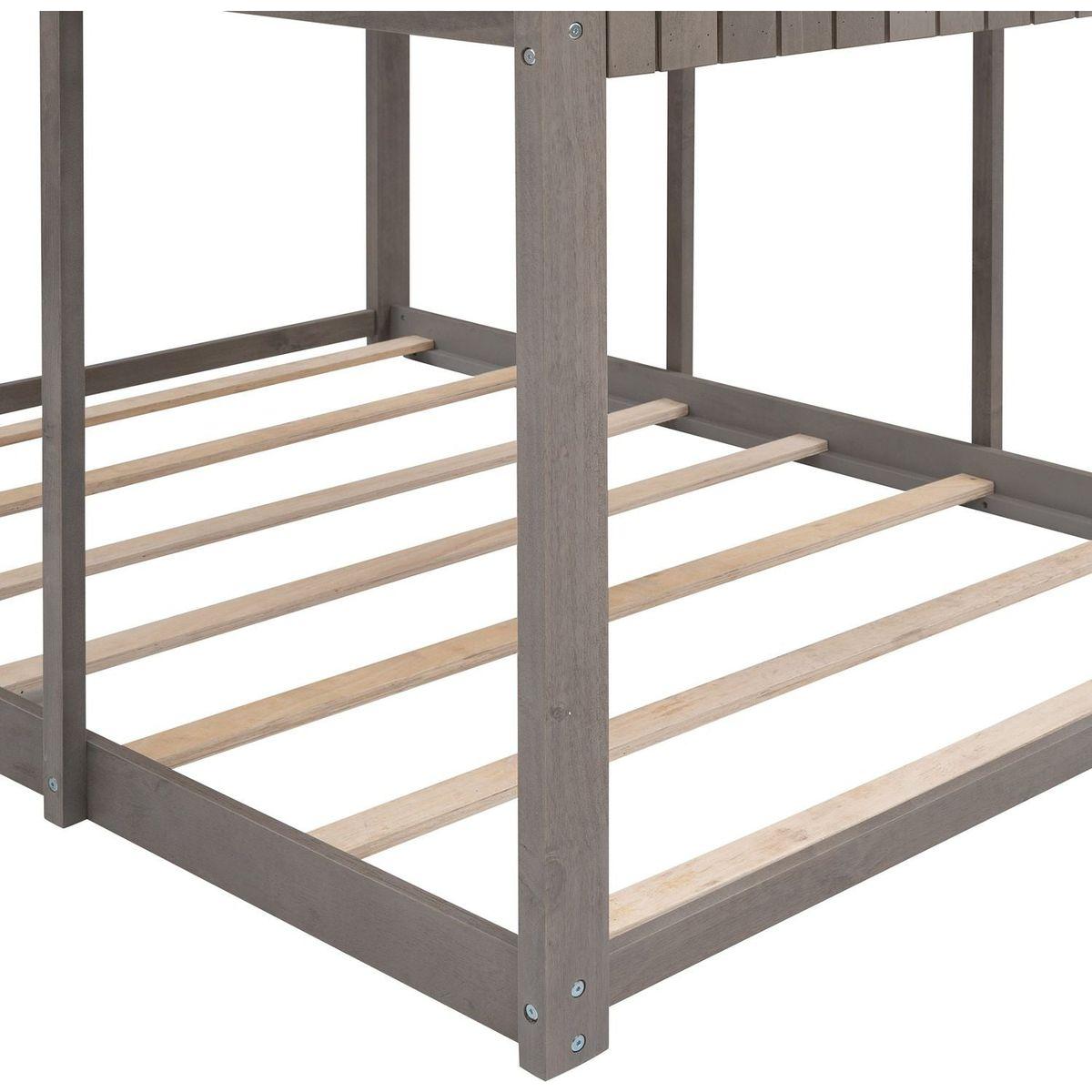 Full Over Full WoodBunk Bed with Roof, Window, Guardrail, Ladder(Antique Gray)
