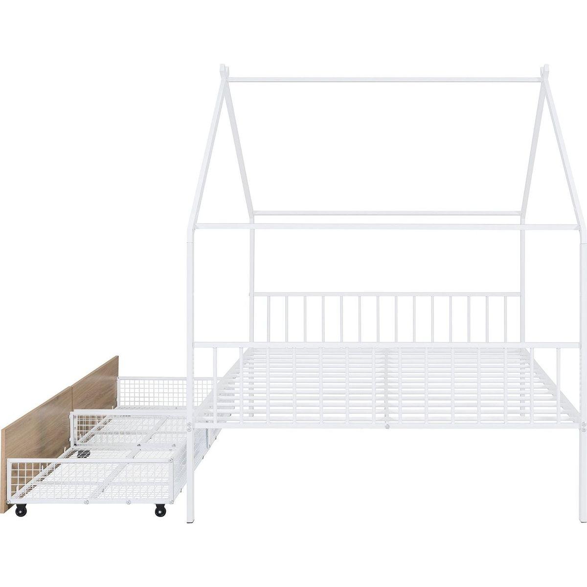 Full Size Metal House Bed with Two Drawers, White