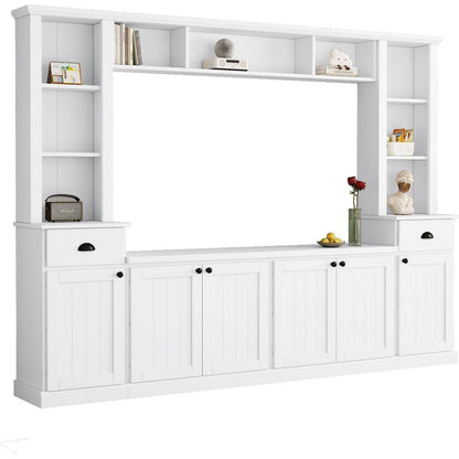 Minimalist Entertainment Wall Unit Set with Bridge for TVs Up to 75", Ample Storage Space TV Stand with Adjustable Shelves, Modernist Large Media Console for Living Room, White