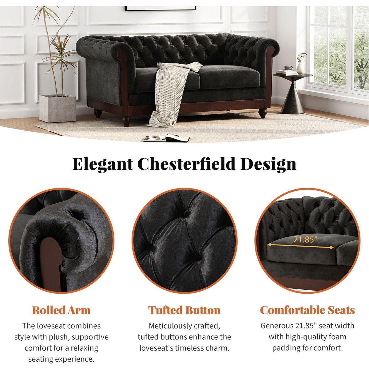 VIVALUX 59.44" Chesterfield Velvet Loveseat Sofa,2-Person Rolled Arm Dutch Plush Upholstered Sofa Couch with Tufted Button for Living Room, Bedroom, Small Places,Black