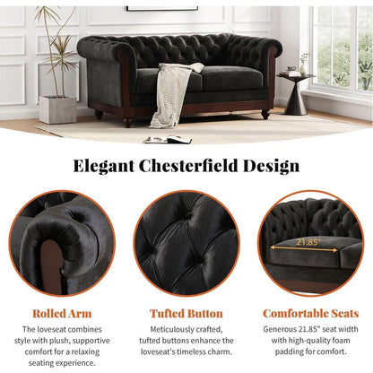 VIVALUX 59.44" Chesterfield Velvet Loveseat Sofa,2-Person Rolled Arm Dutch Plush Upholstered Sofa Couch with Tufted Button for Living Room, Bedroom, Small Places,Black