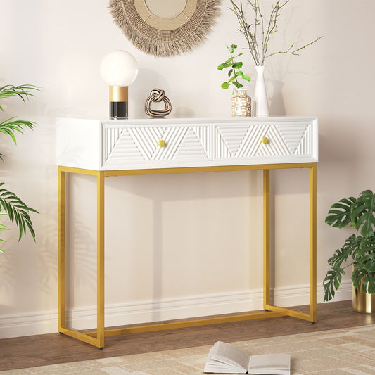 TREXM Console Table Entryway Table, Modern Sleek Console Table with Storage, Narrow Console Table with Two Drawers with Stripe Design for Living Room Hallway Entryway, White