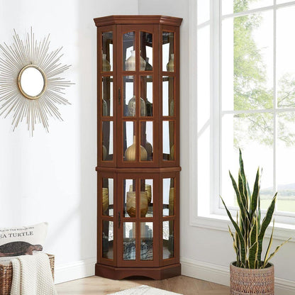 Corner Curio Cabinet with 5 Shelves and Lighting System, Walnut