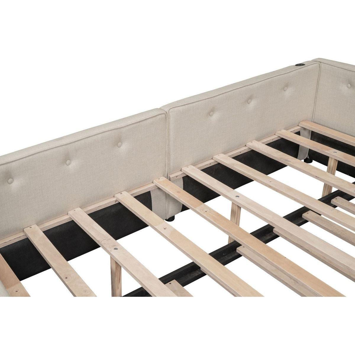 Full Size Upholstered Platform Bed with USB and Twin Size Trundle, Beige