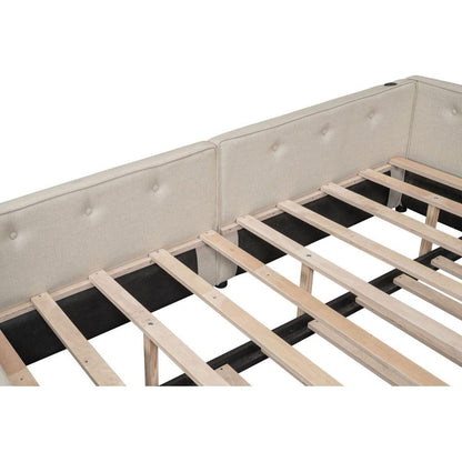 Full Size Upholstered Platform Bed with USB and Twin Size Trundle, Beige