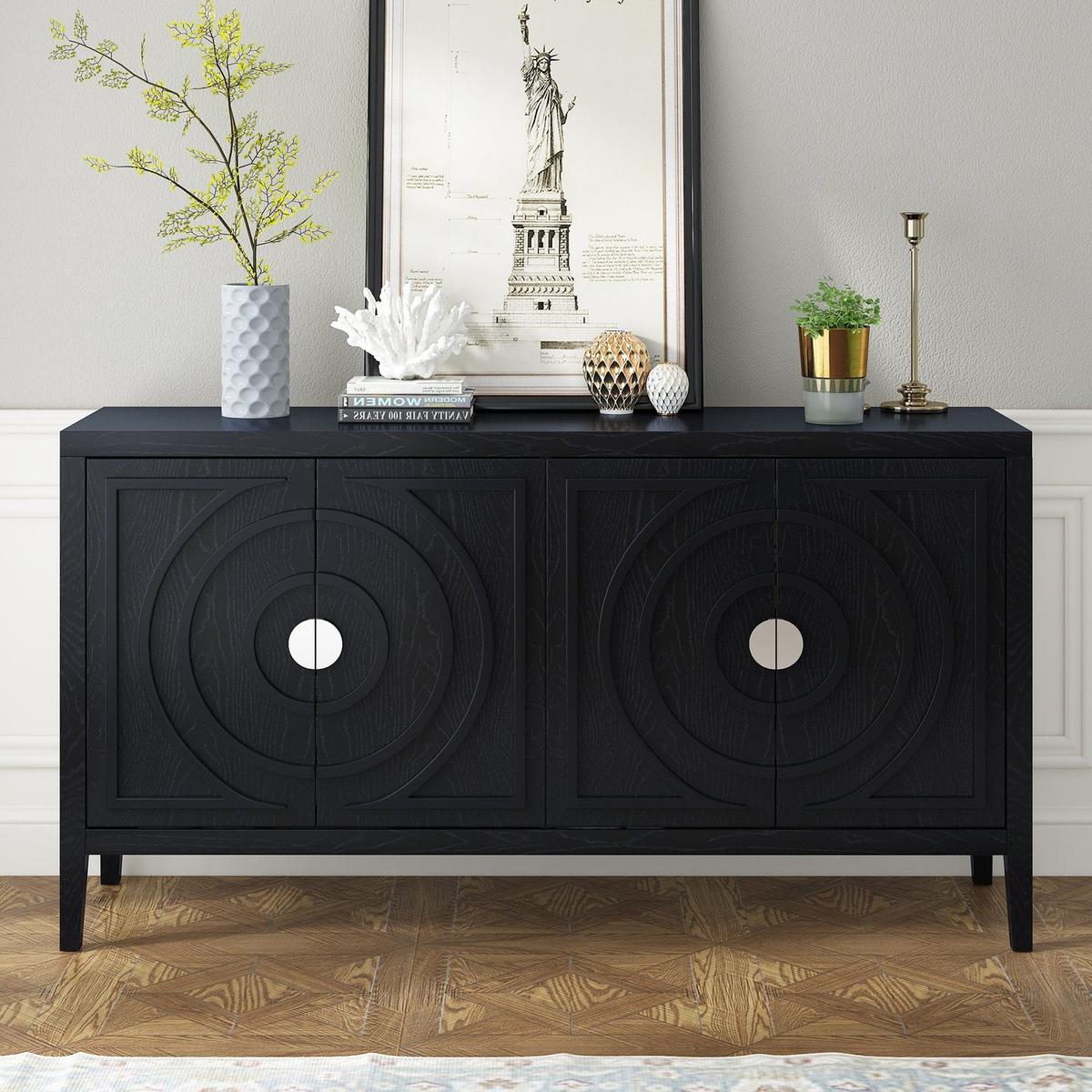 Retro Sideboard door with Circular Groove Design Round Metal Door Handle for Entrance, Dining Room, Living Room (Black)