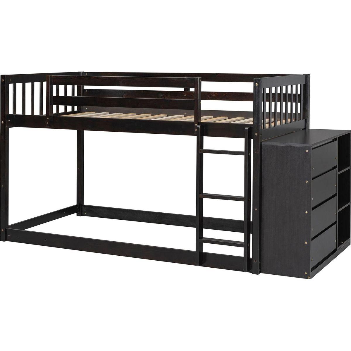 Twin over Twin Bunk Bed with 4 Drawers and 3 Shelves-Espresso