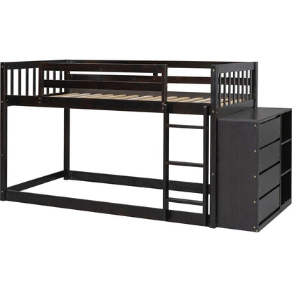 Twin over Twin Bunk Bed with 4 Drawers and 3 Shelves-Espresso