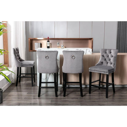 Contemporary Velvet Upholstered Barstools with Button Tufted Decoration and Wooden Legs, and Chrome Nailhead Trim, Leisure Style Bar Chairs,Bar stools, Set of 2 (Gray)