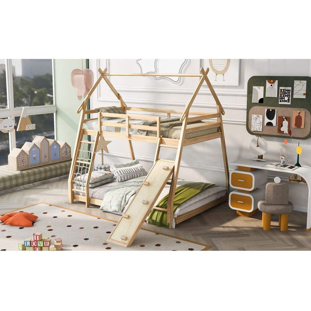 Twin over Queen House Bunk Bed with Climbing Nets and Climbing Ramp, Natural