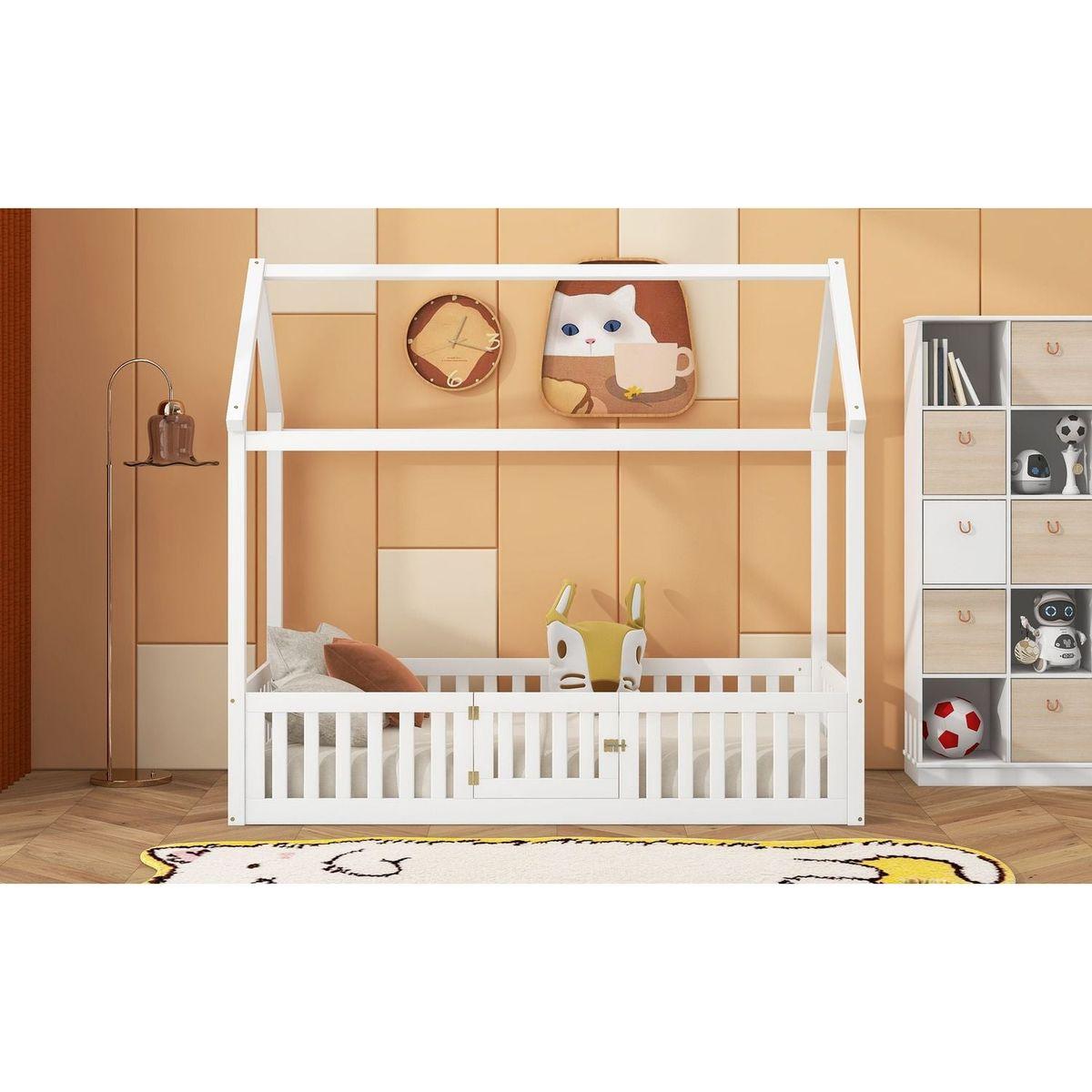 Twin Size Wood House Bed with Fence and Door, White