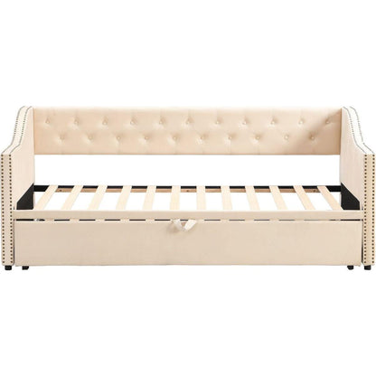 Twin Size Upholstered daybed with Pop Up Trundle, Beige