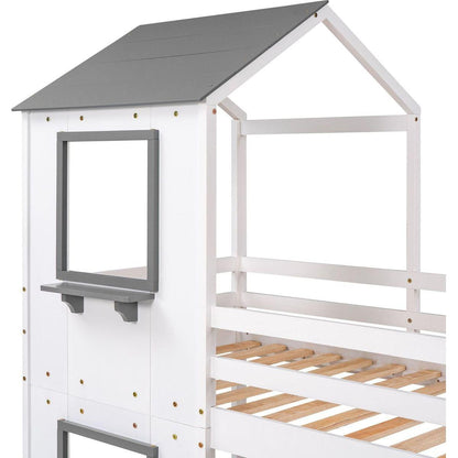 Twin Over Twin Bunk Bed Wood Bed with Roof, Window, Guardrail, Ladder (White)