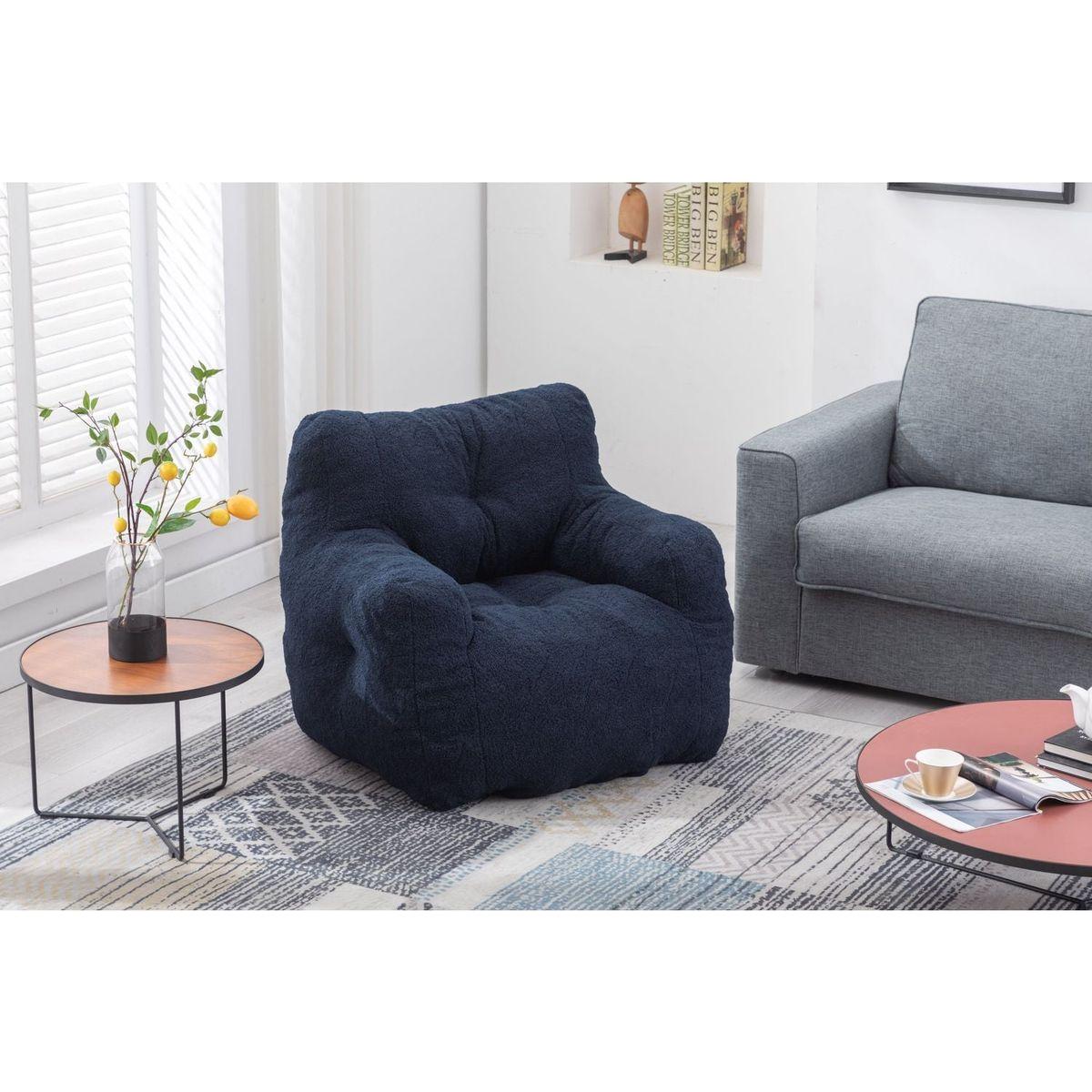 Soft Tufted Foam Bean Bag Chair With Teddy Fabric Dark Blue