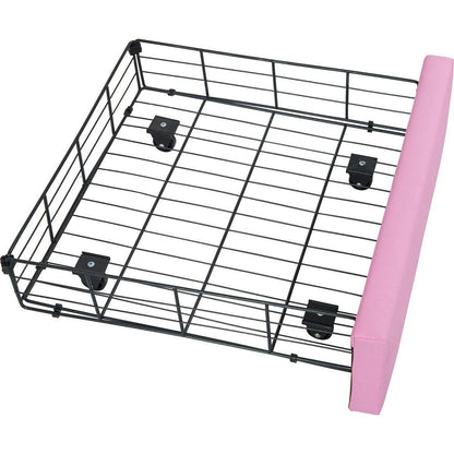 Twin Size Upholstered Bed Frame with LED Lights, Modern Upholstered Princess Bed with Crown Headboard, a Drawer, Pink+White