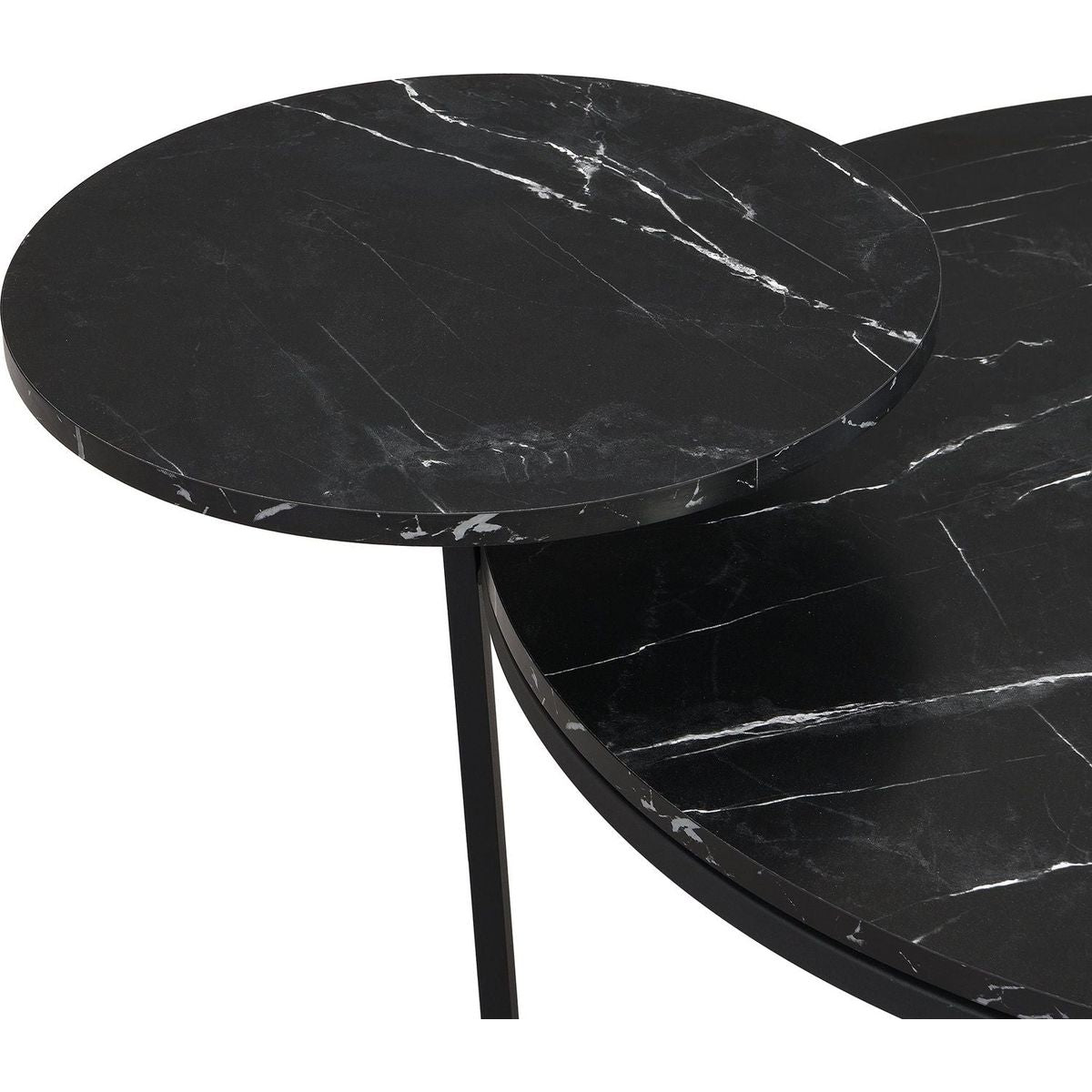 Modern coffee table with two display shelves, Black Faux marble surfaces, Tripod-inspired base,Rounded tabletop edges