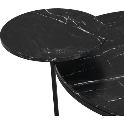 Modern coffee table with two display shelves, Black Faux marble surfaces, Tripod-inspired base,Rounded tabletop edges