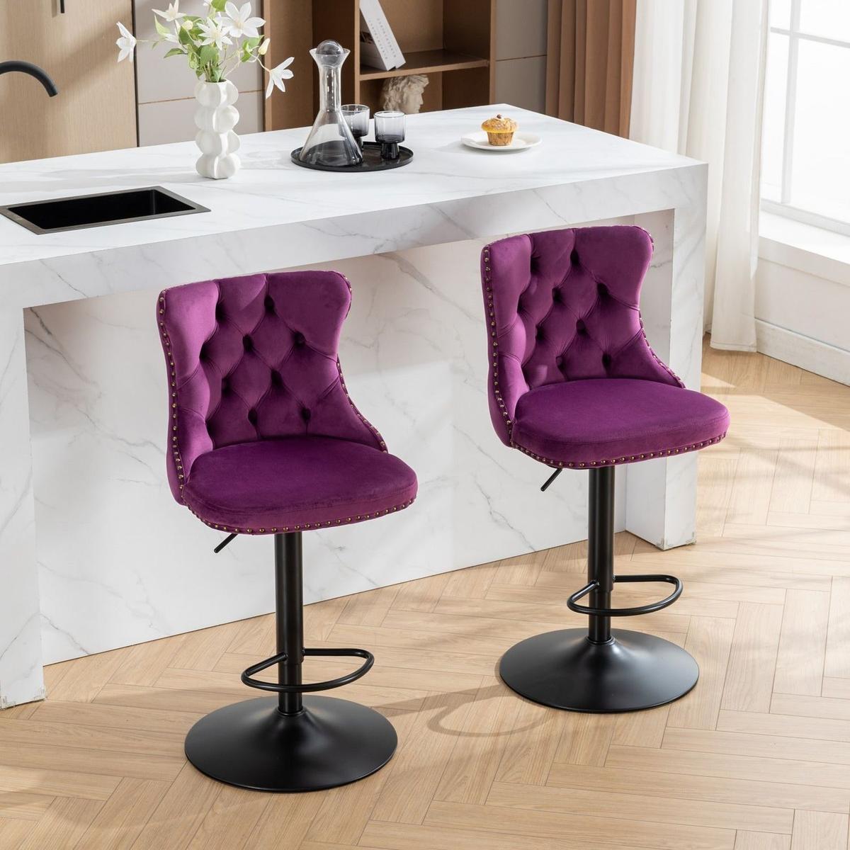 Swivel Velvet Barstools Adjusatble Seat Height from 25-33 Inch,17.7inch base, Modern Upholstered Bar Stools with Backs Comfortable Tufted for Home Pub and Kitchen Island,Purple,Set of 2
